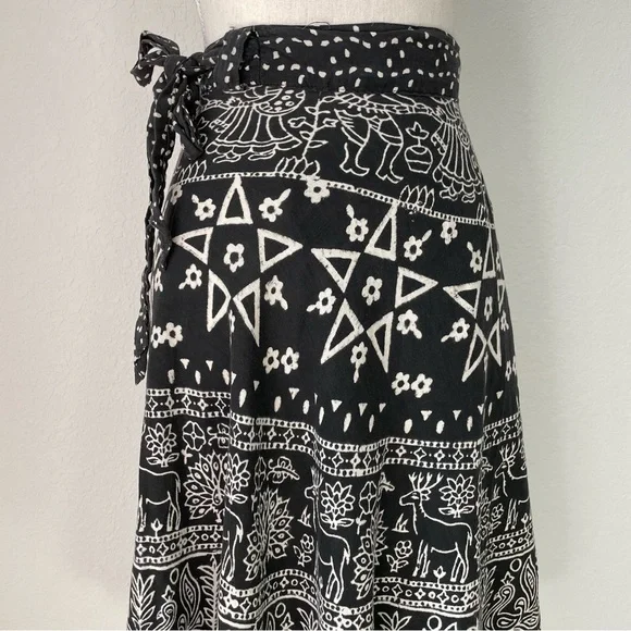 VINTAGE WOVEN COTTON PRINTED WRAP SKIRT PENTAGRAM PEACOCK PAISLEY DEER FLORAL - Picture 10 of 13